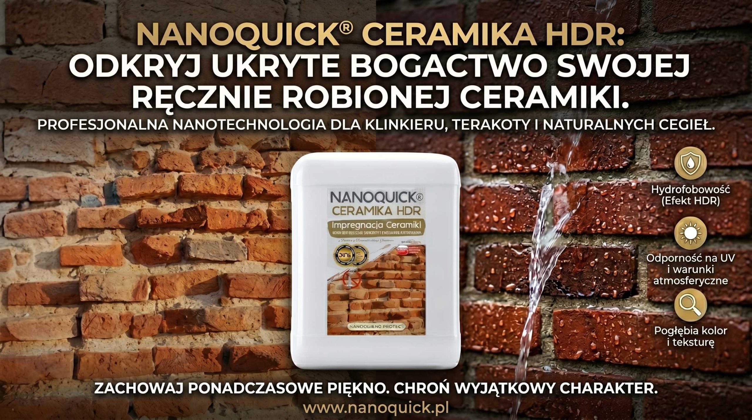 Pojemnik NANOQUICK Ceramika HDR jest pokazany na tle cegły ręcznie formowanej z rozpryskującą się wodą po prawej stronie. Tekst podkreśla jego impregnację ceramiki, oferując hydrofobowość, odporność na promieniowanie UV i zachowanie koloru dla ręcznie formowanej ceramiki.
