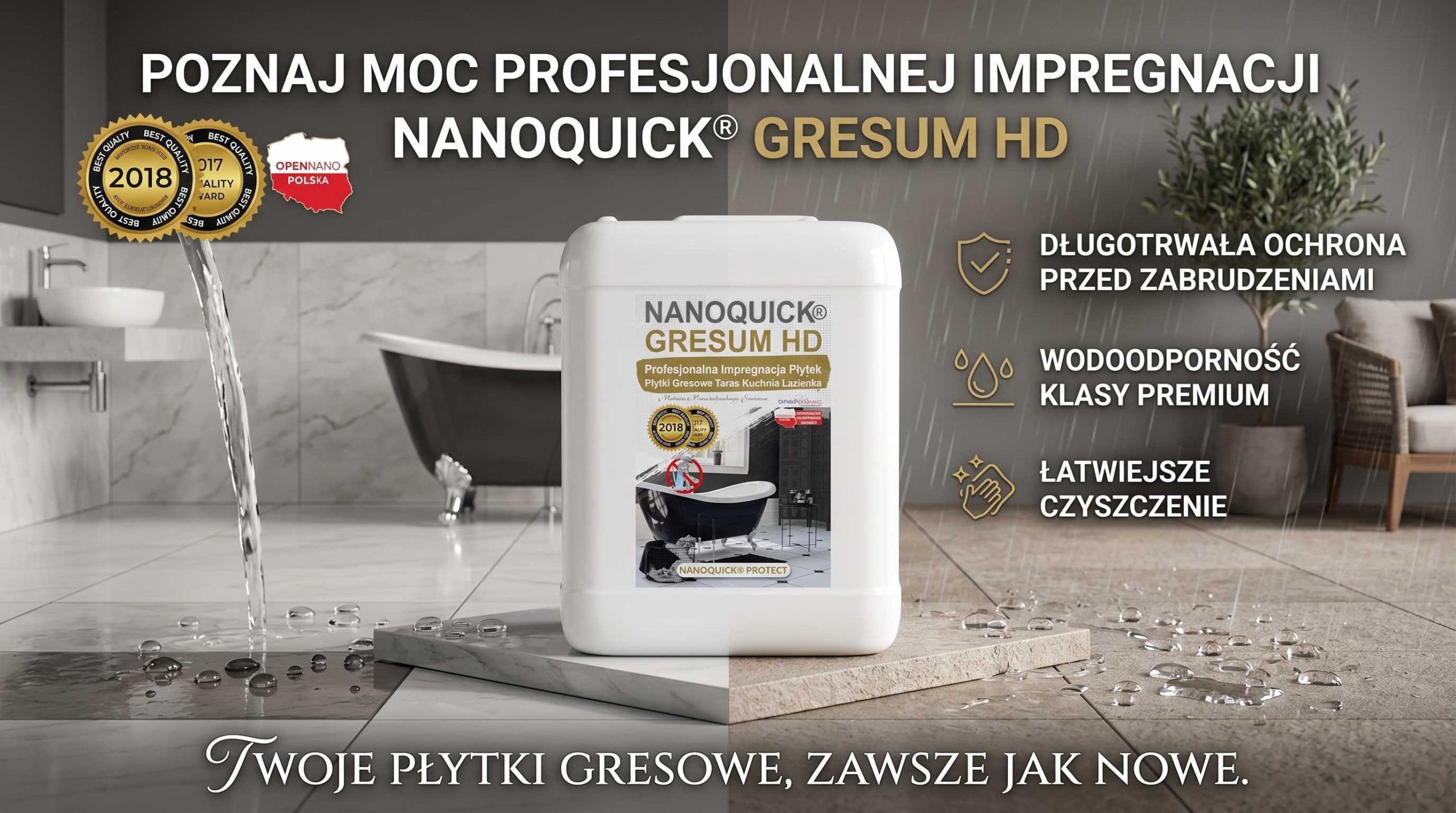 Duży biały pojemnik z NANOQUICK Gresum HD, silnym impregnatem do płytek, stoi na drewnianej podłodze w łazience; w tle nowoczesna wanna, rośliny i okna. Polski tekst podkreśla zabezpieczenie płytek gresowych i korzyści z czyszczenia.