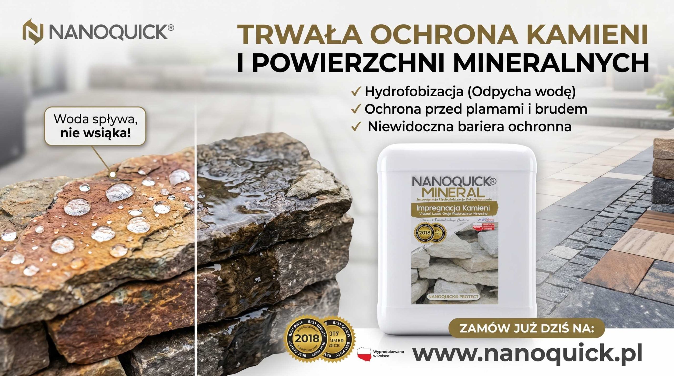 Polska reklama NANOQUICK Mineral przedstawia impregnowany kamień odpychający wodę, opakowanie produktu oraz listę cech: Impregnat Hydrofobowy, odporność na plamy i skuteczna ochrona kamieni elewacyjnych. Strona internetowa i informacje o zamawianiu.